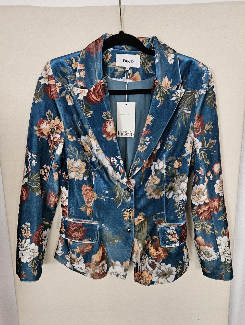 NWT FuTario Vintage Teal Floral Velvet Tailored Blazer Size Medium - Picture 3 of 11